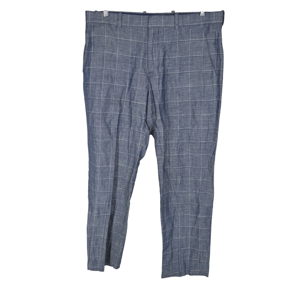 Perry Ellis Portfolio Mens Blue Windowpane Linen Cotton Modern Fit Pants 33x30‎